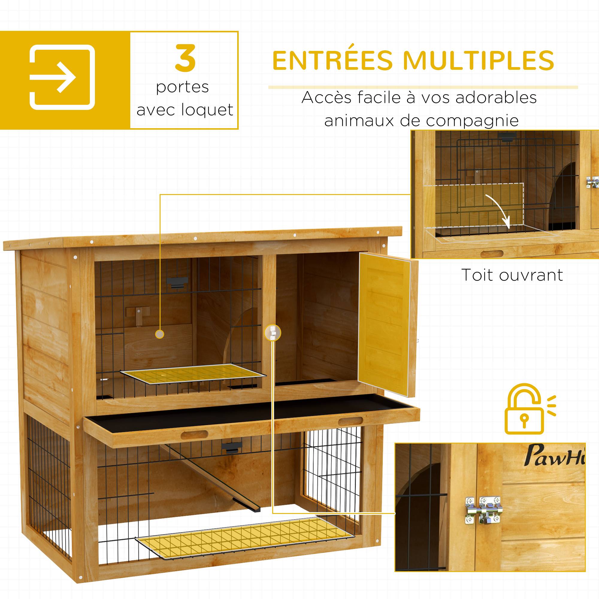 Clapier à lapin en bois 2 étages avec 3 portes plateau coulissant rampe toit bitumé 85 x 50 x 80 cm jaune - Image 6