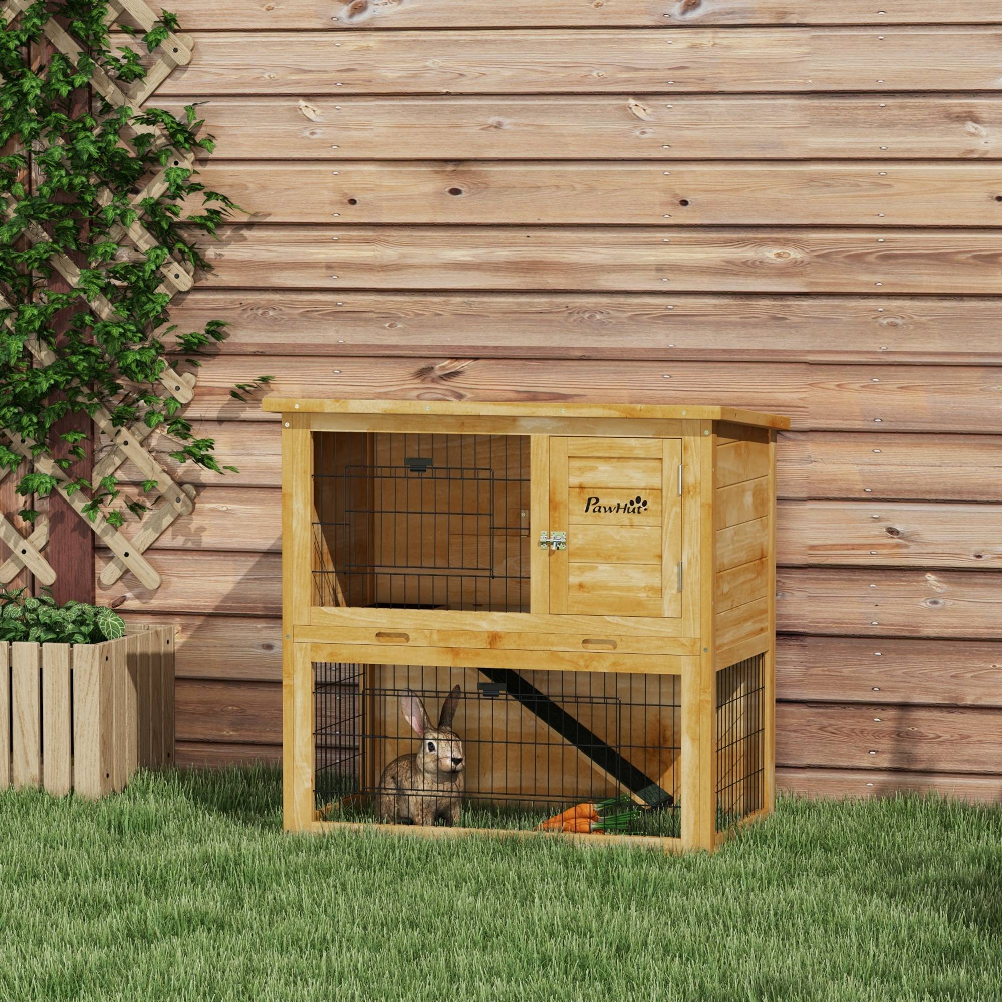 Clapier à lapin en bois 2 étages avec 3 portes plateau coulissant rampe toit bitumé 85 x 50 x 80 cm jaune - Image 4
