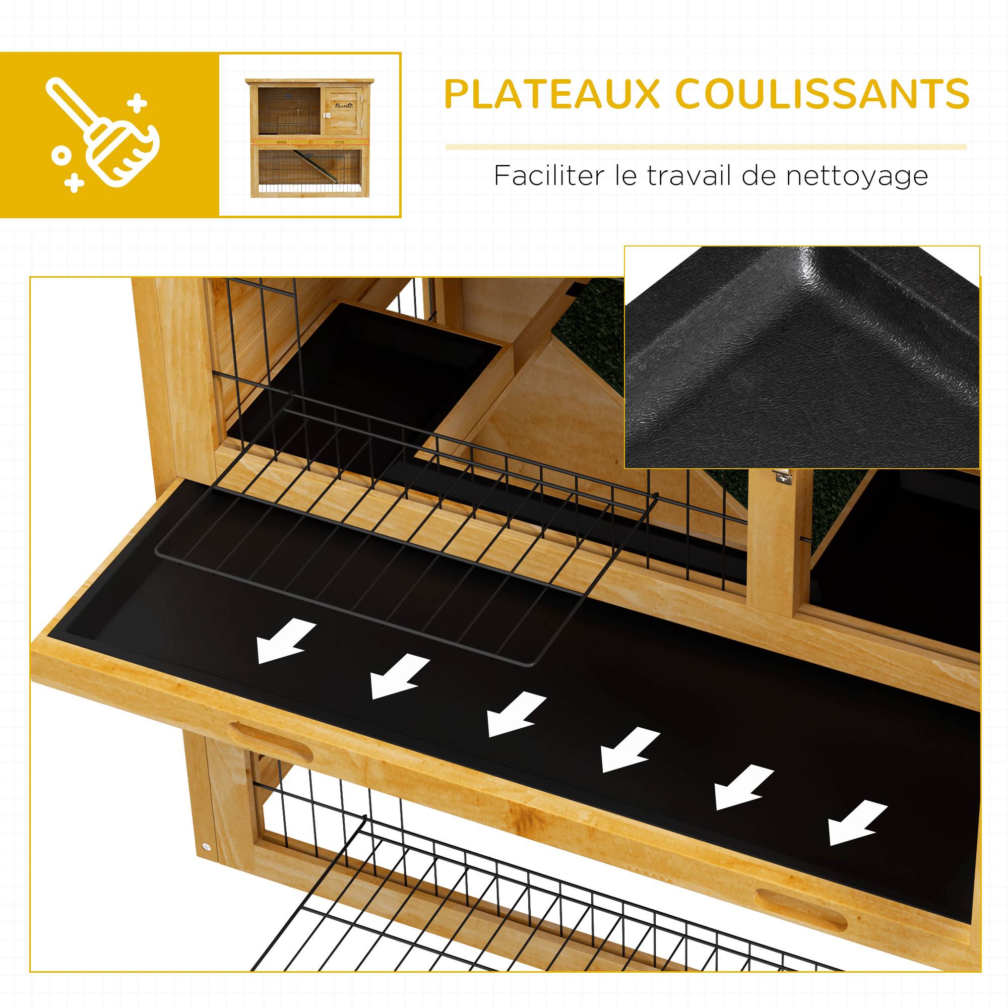 Clapier à lapin en bois 2 étages avec 3 portes plateau coulissant rampe toit bitumé 85 x 50 x 80 cm jaune - Image 8