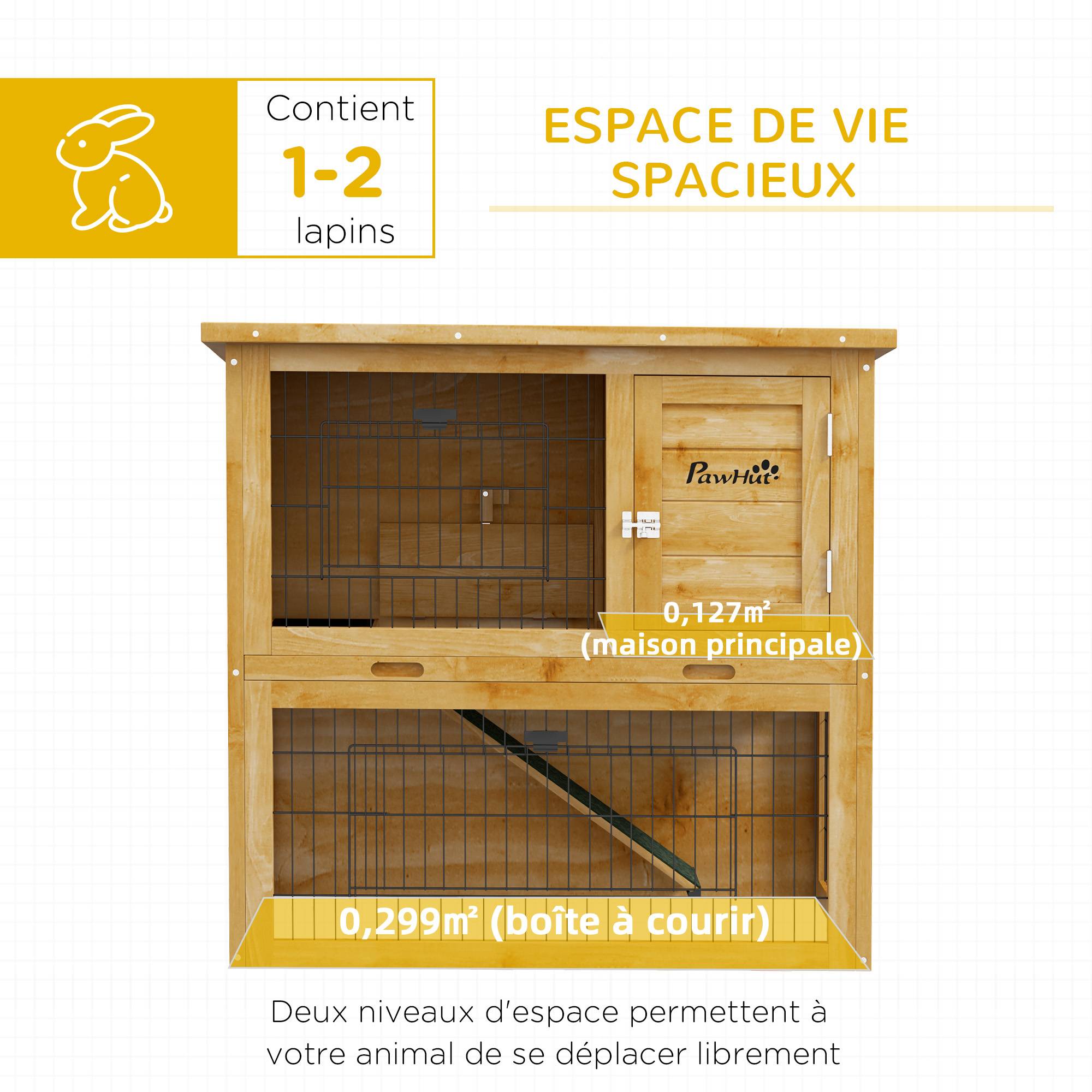Clapier à lapin en bois 2 étages avec 3 portes plateau coulissant rampe toit bitumé 85 x 50 x 80 cm jaune - Image 7