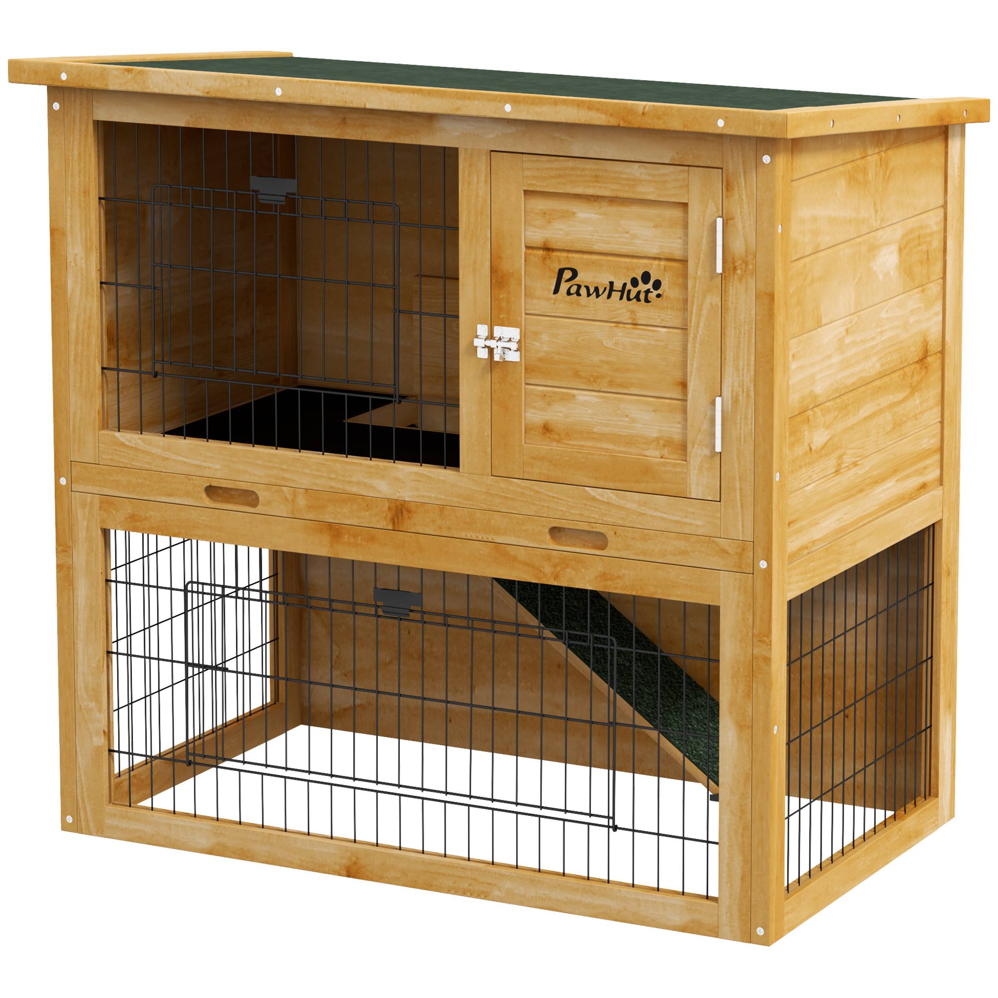 Clapier à lapin en bois 2 étages avec 3 portes plateau coulissant rampe toit bitumé 85 x 50 x 80 cm jaune - Image 2