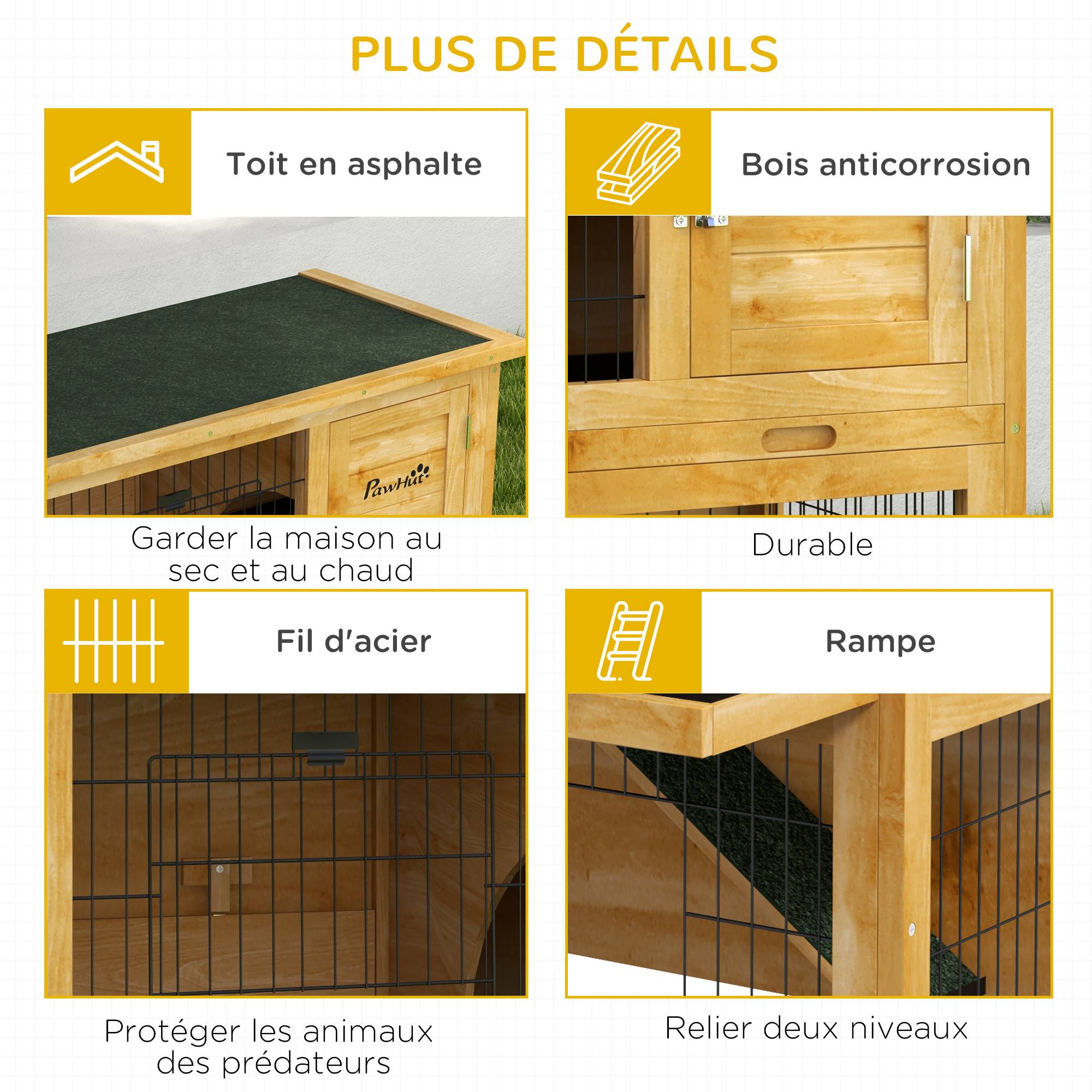 Clapier à lapin en bois 2 étages avec 3 portes plateau coulissant rampe toit bitumé 85 x 50 x 80 cm jaune - Image 9
