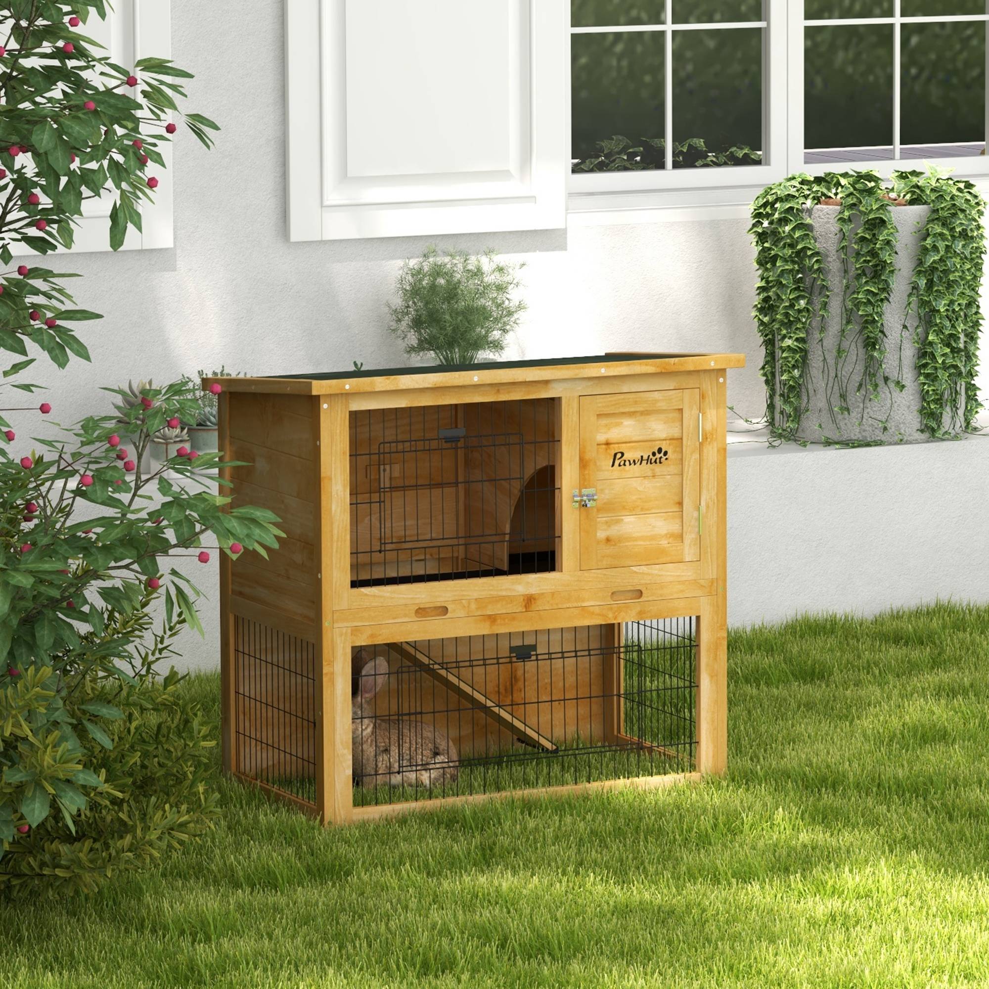 Clapier à lapin en bois 2 étages avec 3 portes plateau coulissant rampe toit bitumé 85 x 50 x 80 cm jaune - Image 3