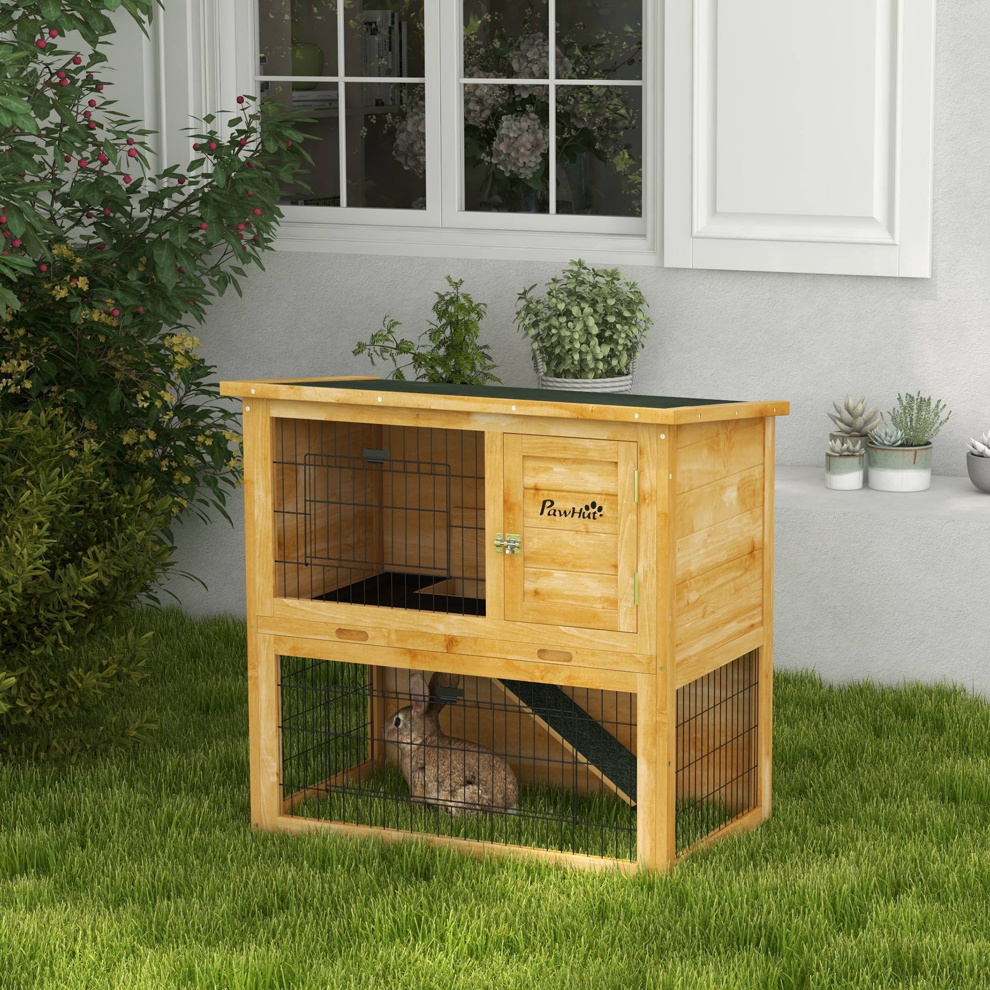 Clapier à lapin en bois 2 étages avec 3 portes plateau coulissant rampe toit bitumé 85 x 50 x 80 cm jaune - Image 10