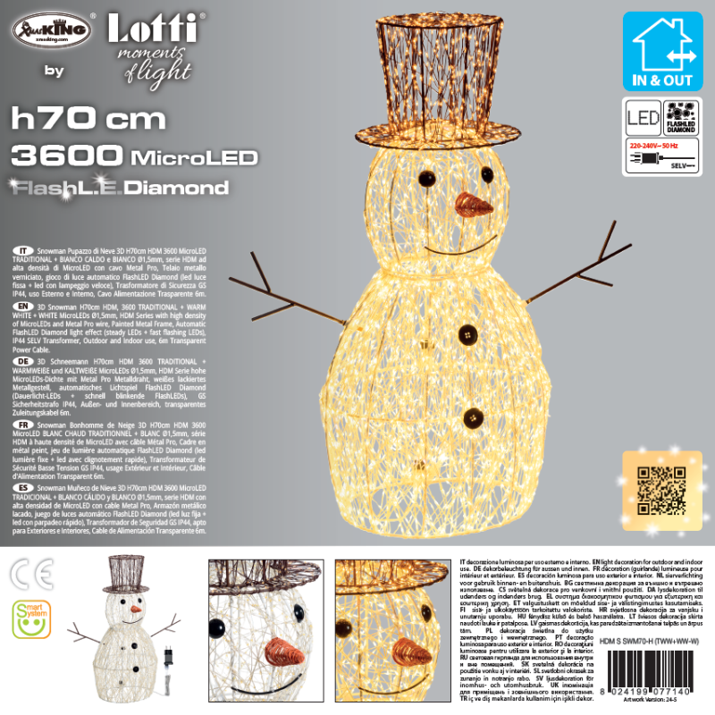 Lotti - Bonhomme de Neige lumineux 3D H70cm HDM Métal Pro 3600 MicroLED blanc chaud et froid FlashLED Diamond Lotti - Image 9