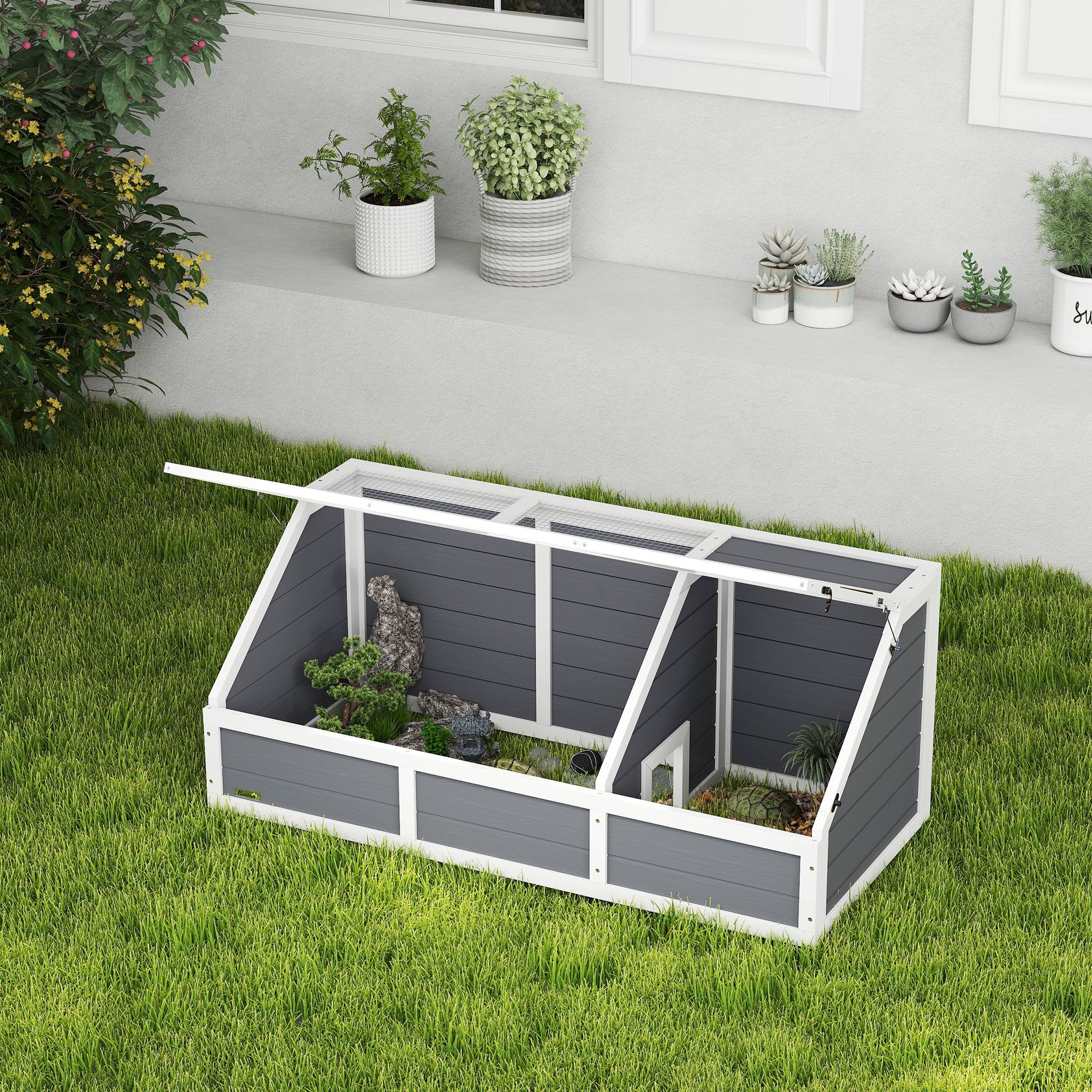 Sans Marque - Maison enclos cage pour petit animal tortue en bois avec couvercle ouvrable, loquets, 2 espaces distincts, gris - Image 4