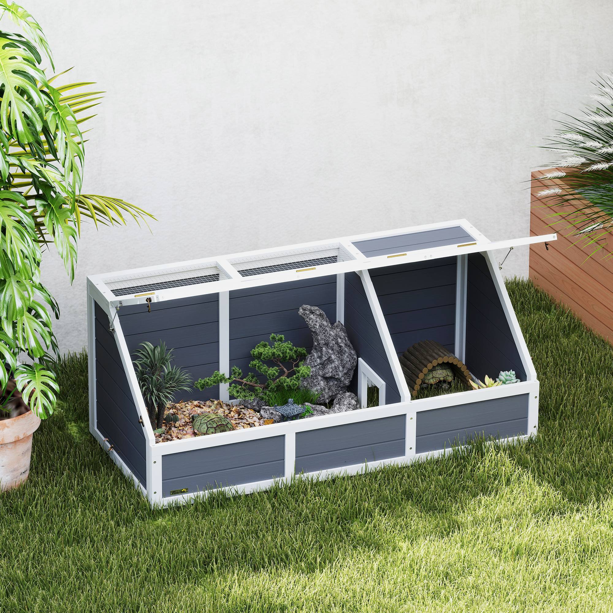 Sans Marque - Maison enclos cage pour petit animal tortue en bois avec couvercle ouvrable, loquets, 2 espaces distincts, gris - Image 3