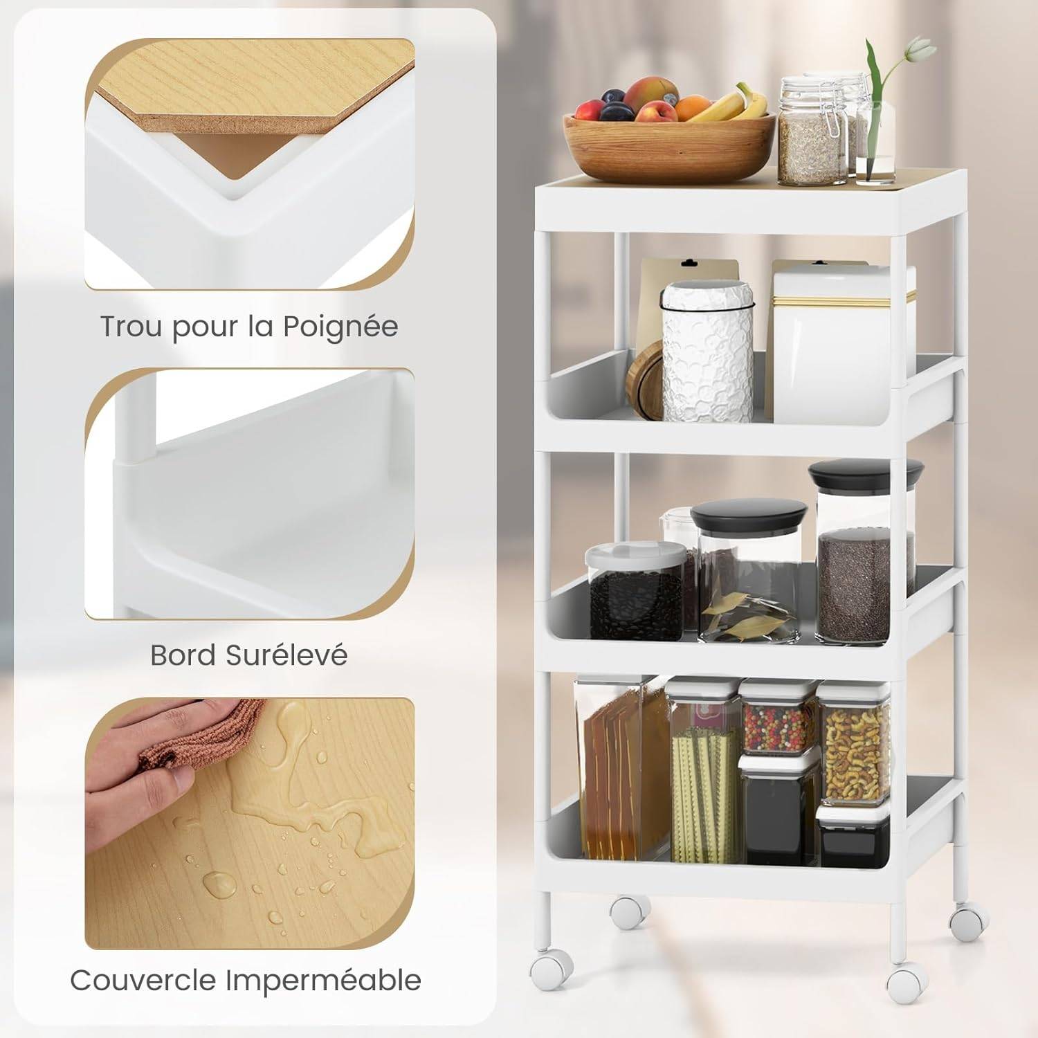 GOPLUS Chariot à Roulette de Cuisine, Desserte à roulettes avec Paniers en Maille Coulissants, 4 roulettes (2 avec Freins) pour Cuisine, Salon, Salle à Manger (4 Niveaux