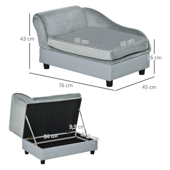 Sans Marque - Canapé Chien Chat sur Pied Coffre Rangement Style Moderne Coussin Amovible Grand Confort 76x45x43 cm gris clair - Image 5