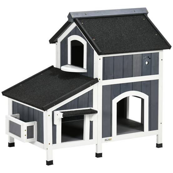 Sans Marque - Maison chat extérieur 2 étages surélevée Bois naturel toit bitume, gris, 96x65x85,5cm - Image 1