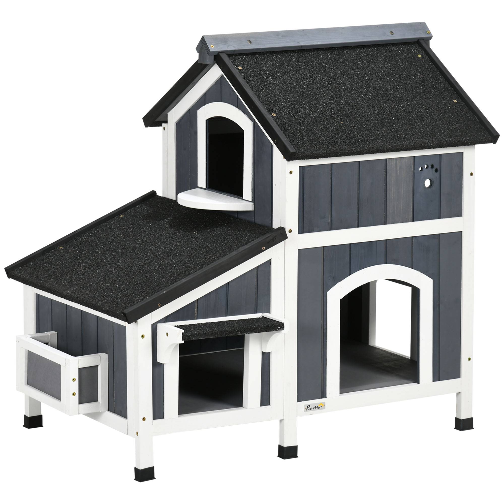 Sans Marque - Maison chat extérieur 2 étages surélevée Bois naturel toit bitume, gris, 96x65x85,5cm - Image 1