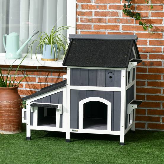 Sans Marque - Maison chat extérieur 2 étages surélevée Bois naturel toit bitume, gris, 96x65x85,5cm - Image 4