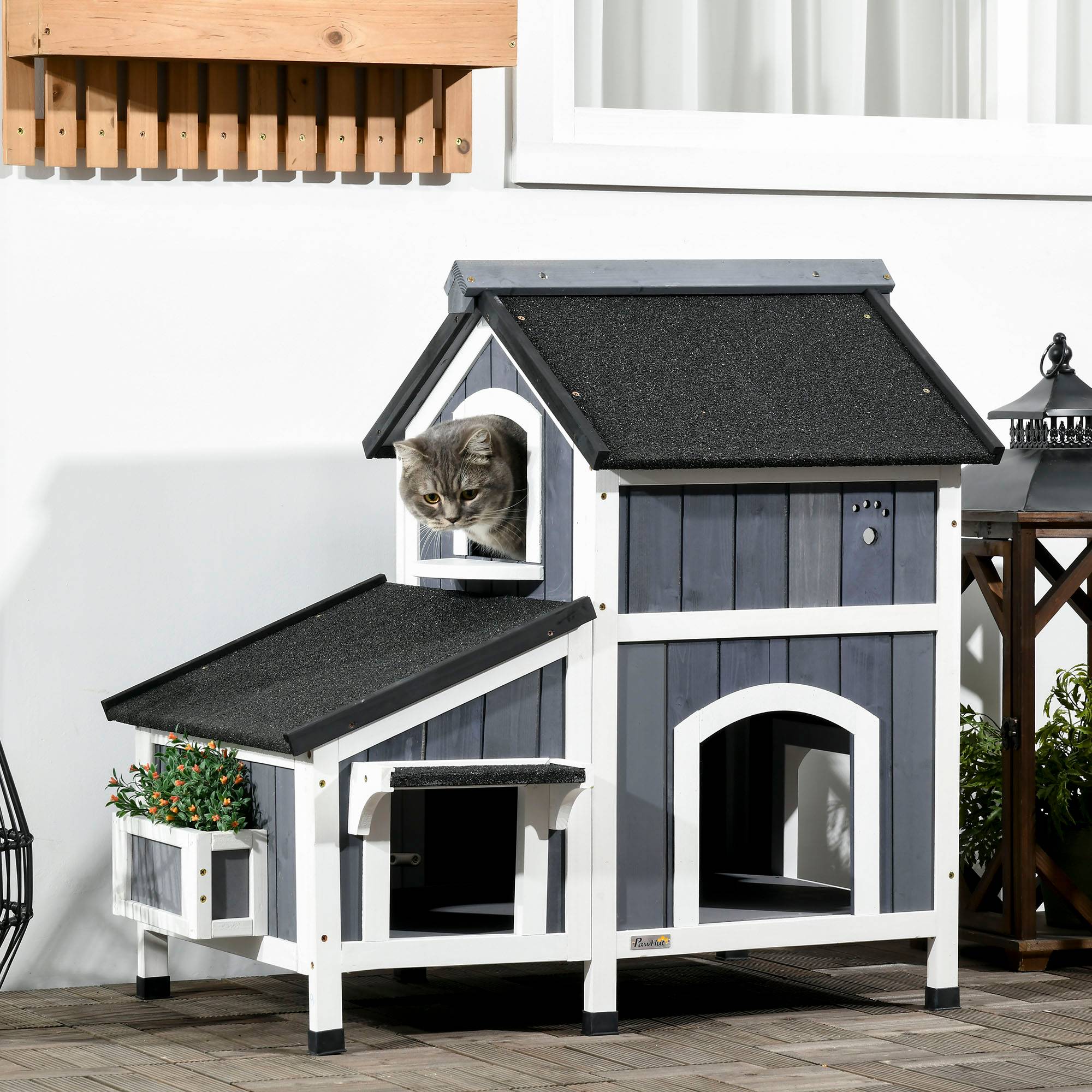 Sans Marque - Maison chat extérieur 2 étages surélevée Bois naturel toit bitume, gris, 96x65x85,5cm - Image 3