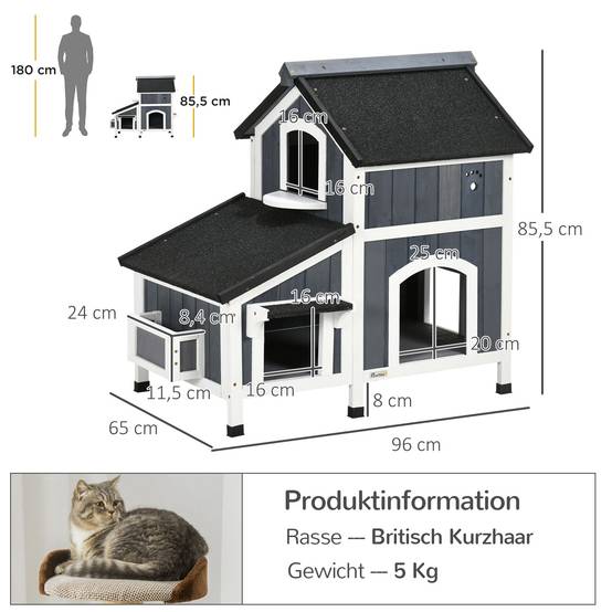 Sans Marque - Maison chat extérieur 2 étages surélevée Bois naturel toit bitume, gris, 96x65x85,5cm - Image 5
