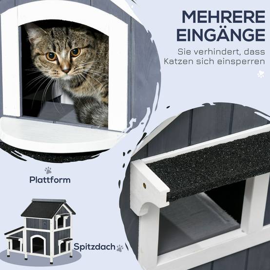 Sans Marque - Maison chat extérieur 2 étages surélevée Bois naturel toit bitume, gris, 96x65x85,5cm - Image 6