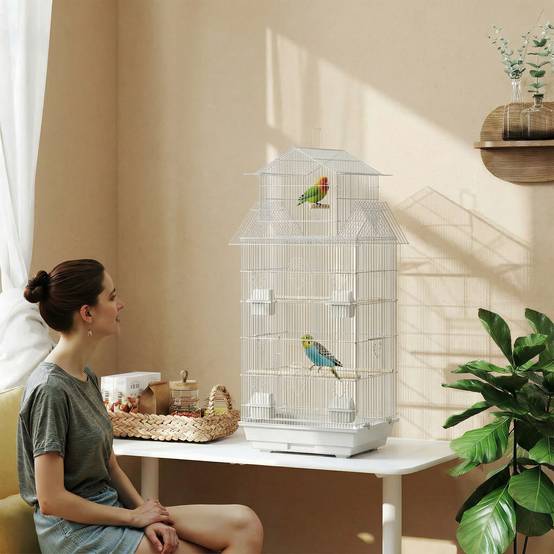 Cage à oiseaux en acier avec perchoirs et plateau amovible 50,5 x 41 x 104 cm Blanc - Image 3