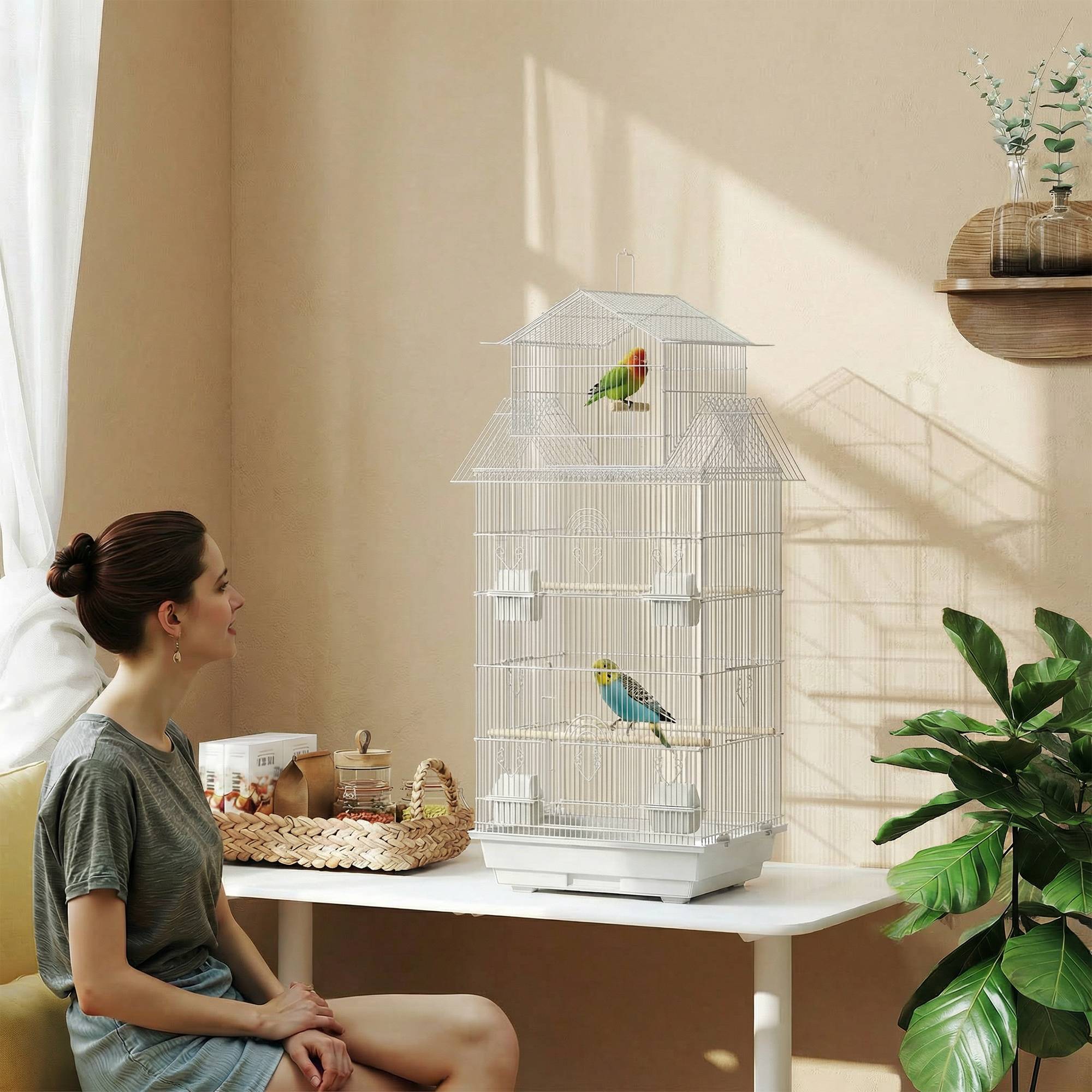 Cage à oiseaux en acier avec perchoirs et plateau amovible 50,5 x 41 x 104 cm Blanc - Image 3