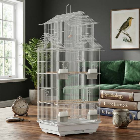 Cage à oiseaux en acier avec perchoirs et plateau amovible 50,5 x 41 x 104 cm Blanc - Image 10
