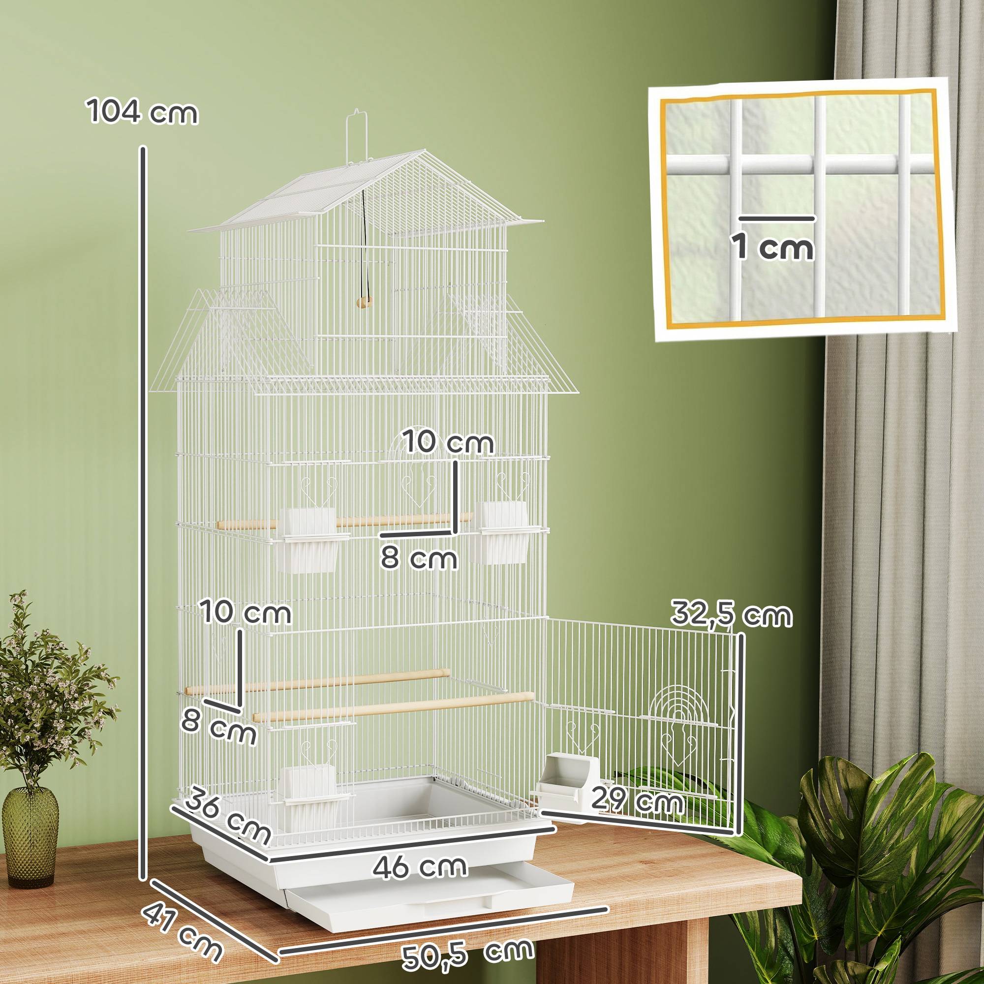 Cage à oiseaux en acier avec perchoirs et plateau amovible 50,5 x 41 x 104 cm Blanc - Image 5