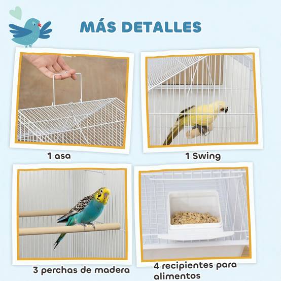 Cage à oiseaux en acier avec perchoirs et plateau amovible 50,5 x 41 x 104 cm Blanc - Image 6