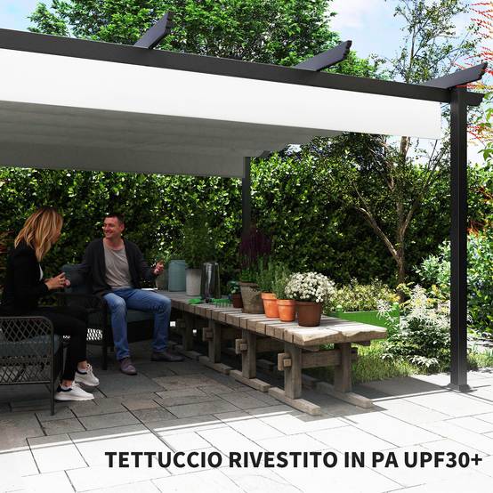 Gazebo pergola 4x4 m toit rétractable, 8 vis 8 piquets alu, polyester métal, blanc - Image 8
