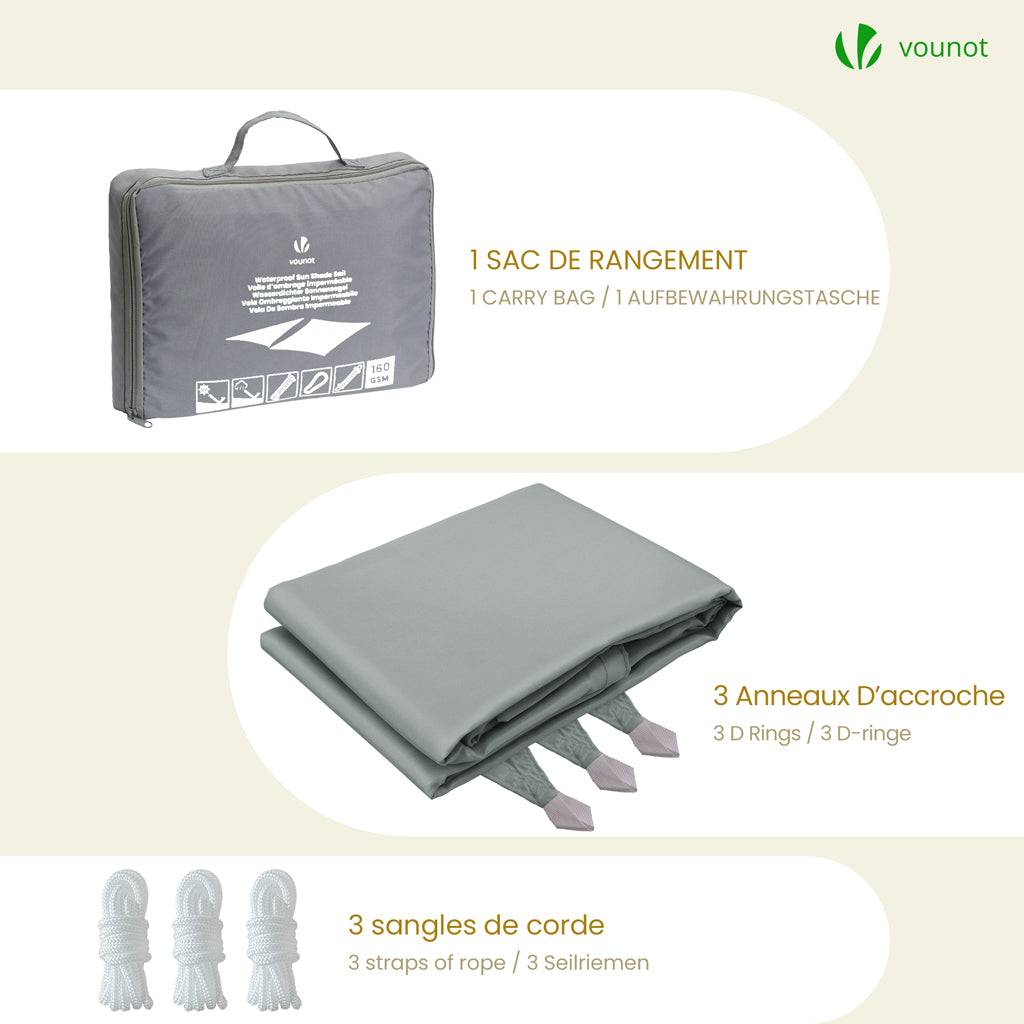 Voile d'ombrage Triangle en Polyester Imperméable avec Kit de Montage 3x3x3m Gris - Image 7