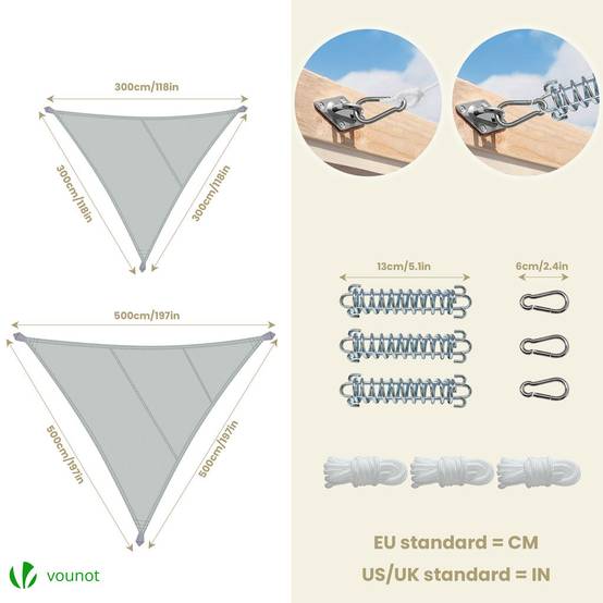 Voile d'ombrage Triangle en Polyester Imperméable avec Kit de Montage 3x3x3m Gris - Image 6