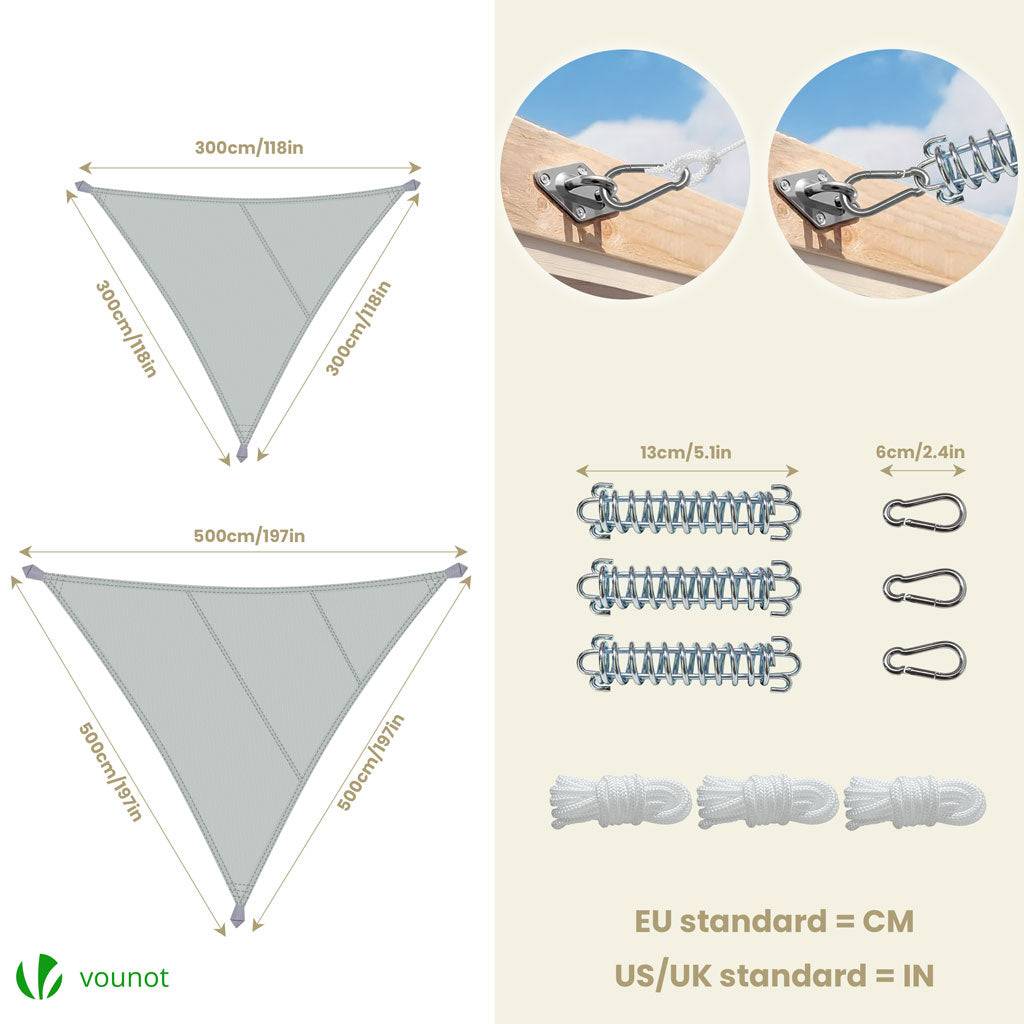 Voile d'ombrage Triangle en Polyester Imperméable avec Kit de Montage 3x3x3m Gris - Image 6