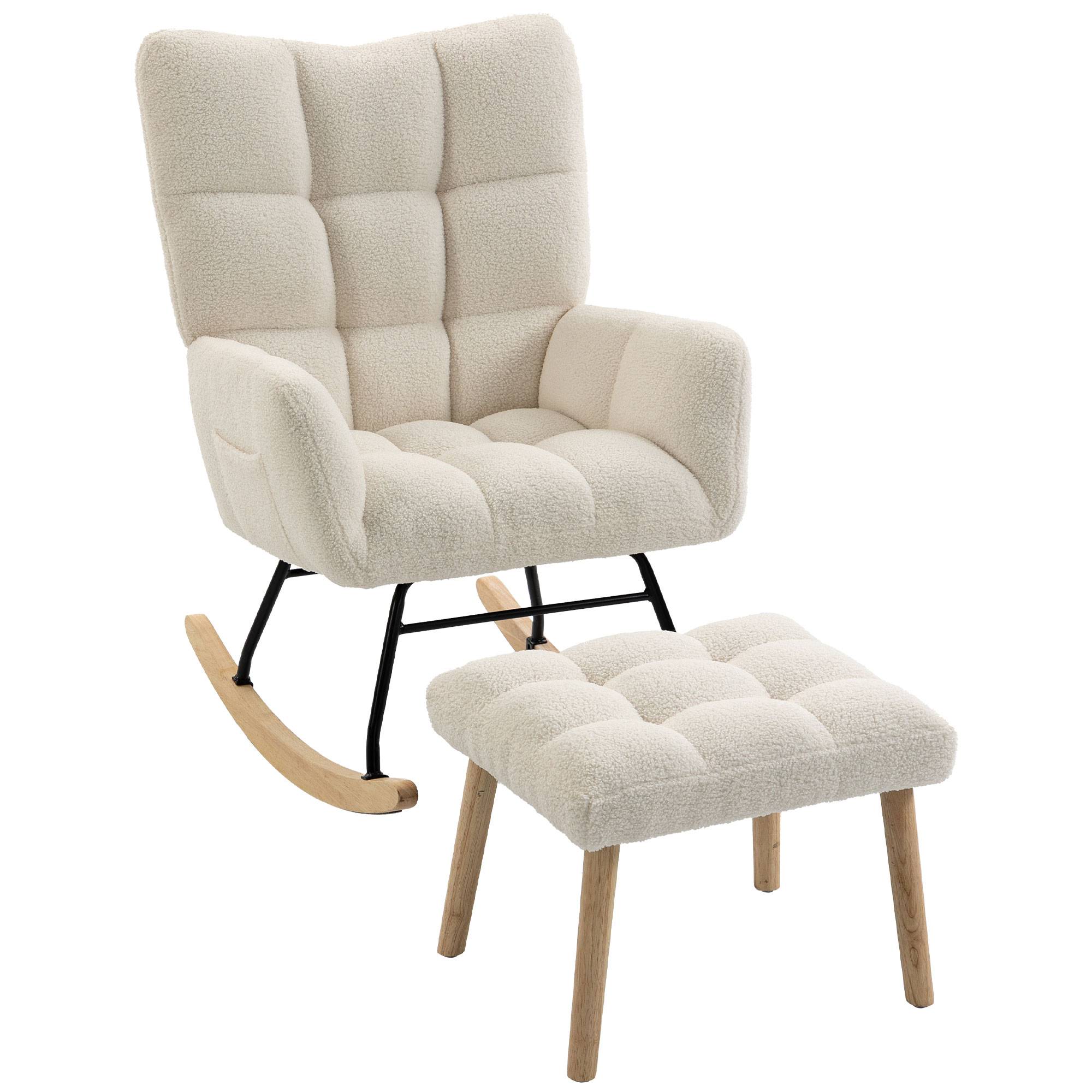 Fauteuil à Bascule avec Repose-Pieds, Rocking Chair en Tissu Bouclette, Assise Rembourrée, Dossier Large, Crème - Image 1