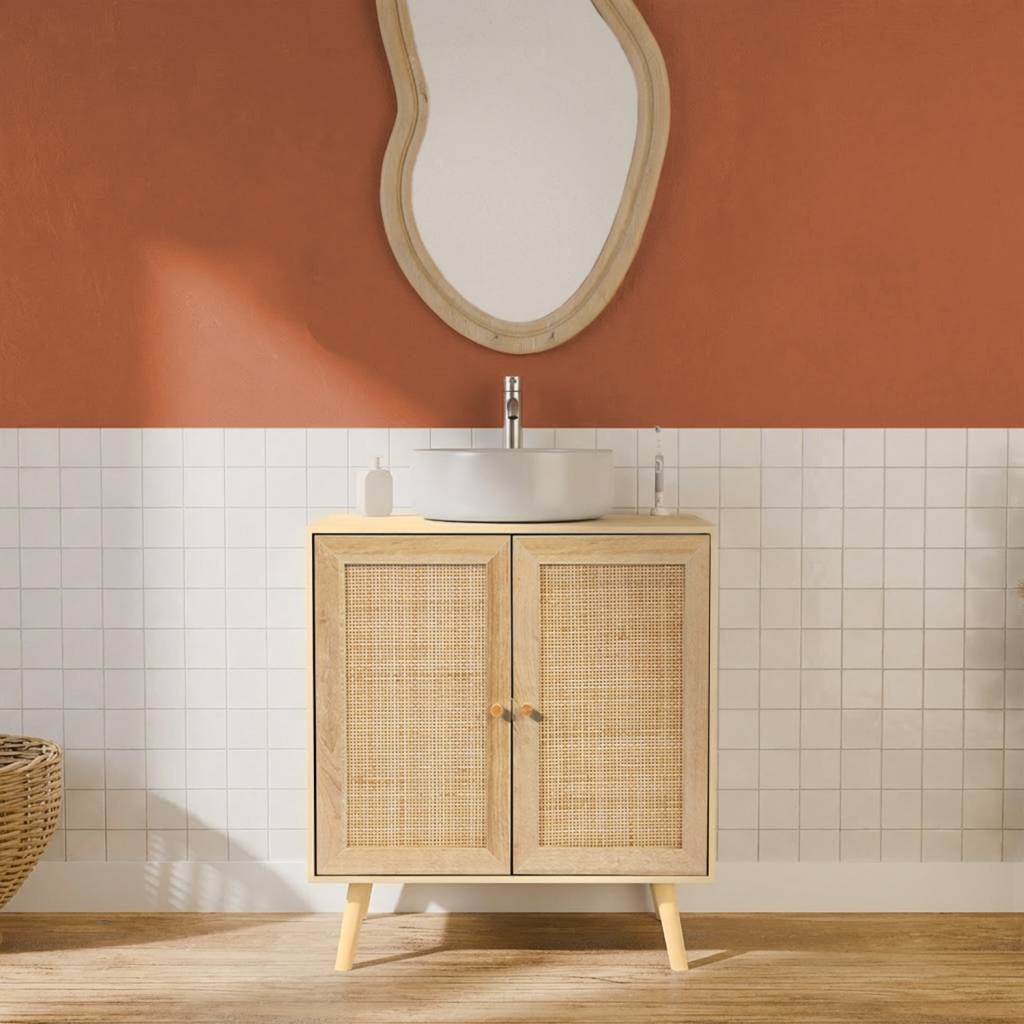 Meuble sous lavabo décor bois et cannage Bohème 65 x 40 x 70 cm naturel | sweeek