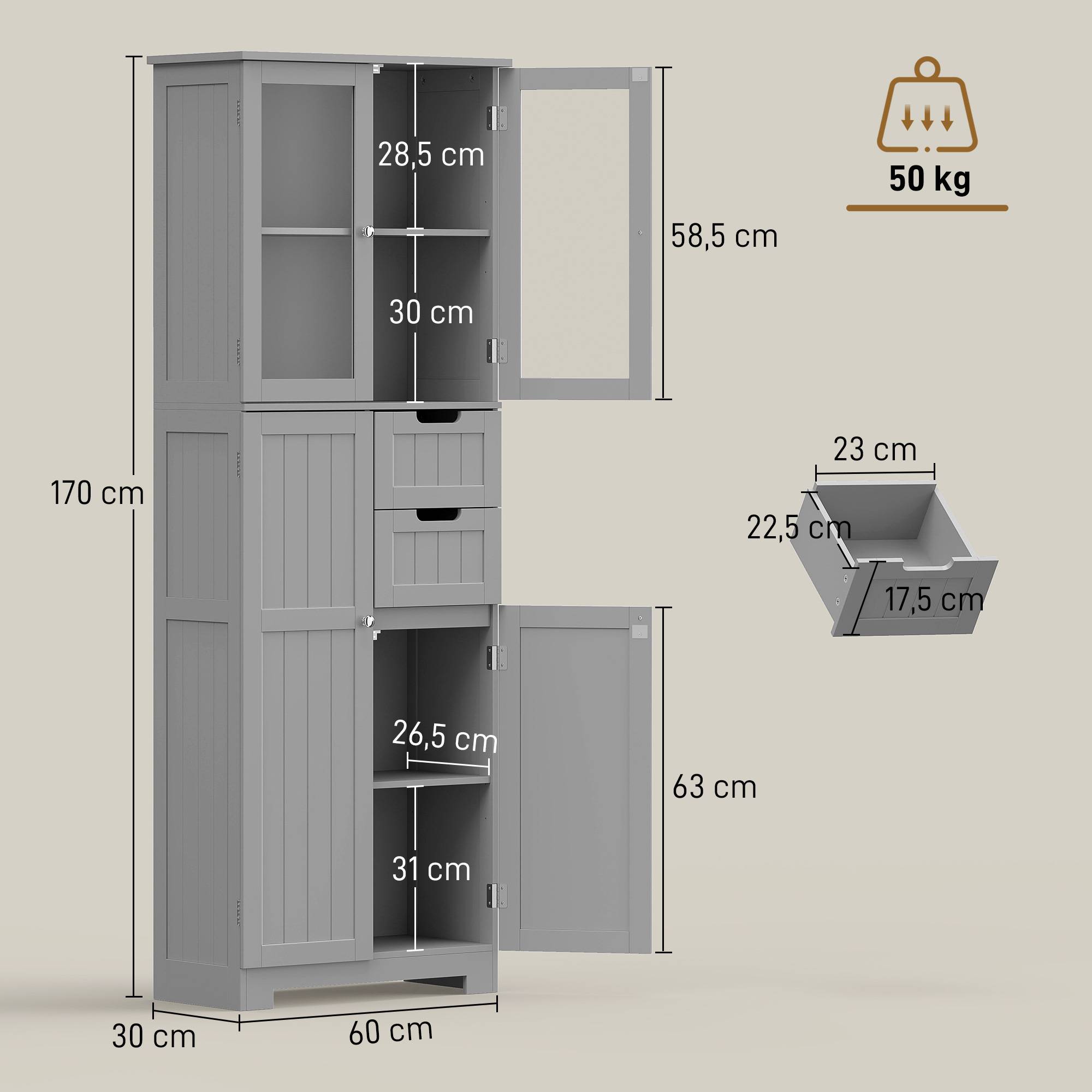 Sans Marque - Meuble Salle Bain Haut Rangement 60x30x170cm Gris - Image 5