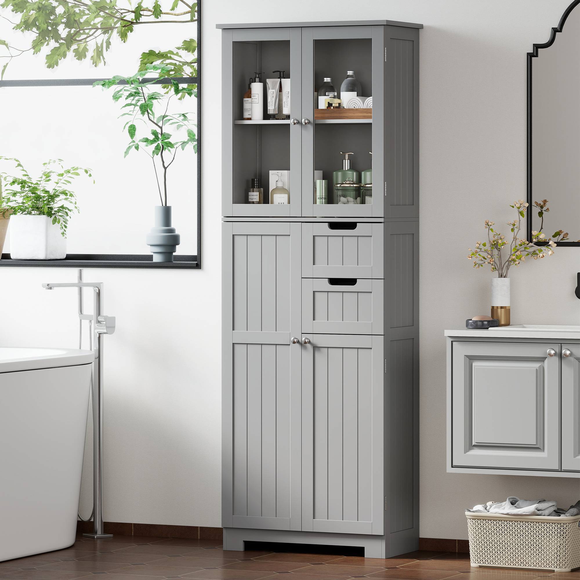 Sans Marque - Meuble Salle Bain Haut Rangement 60x30x170cm Gris - Image 3