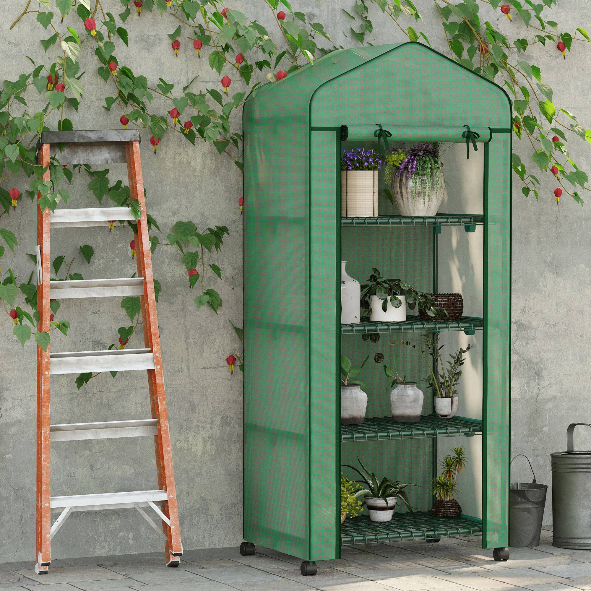 Mini serre aluminium 4 étagères châssis froid 69x50x165 cm verte, balcon terrasse semis plantes potager - Image 4
