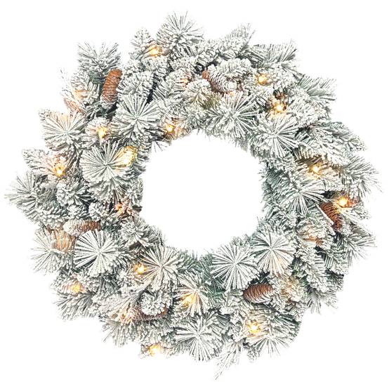 ComfortXL - Couronne de Noël lumineuse en plastique vert et blanc 60 cm effet neige avec 35 LED et minuterie pour l'intérieur - Image 2