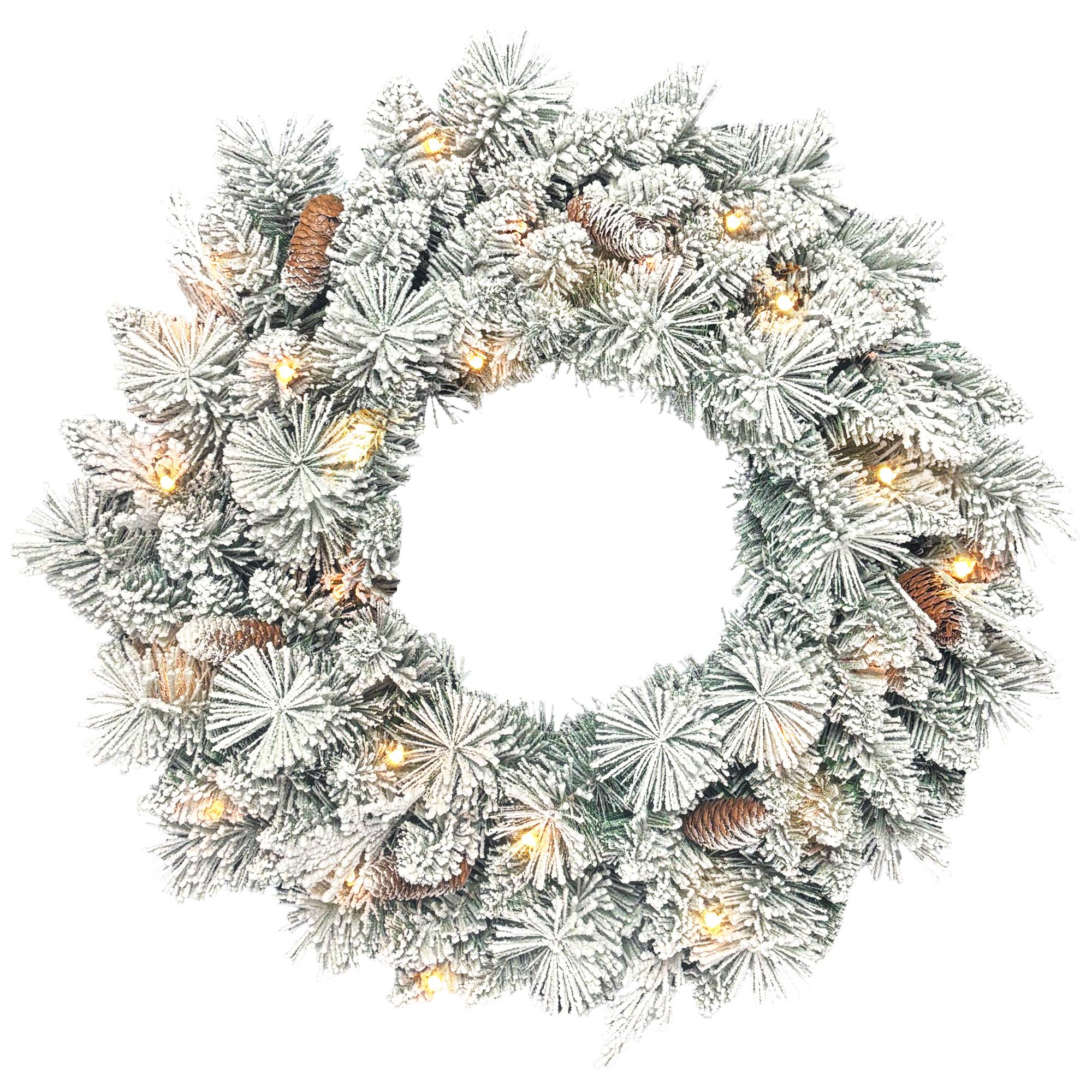 ComfortXL - Couronne de Noël lumineuse en plastique vert et blanc 60 cm effet neige avec 35 LED et minuterie pour l'intérieur - Image 2