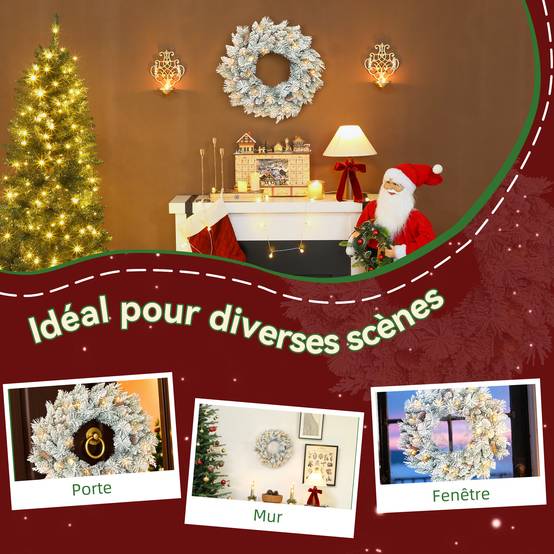 ComfortXL - Couronne de Noël lumineuse en plastique vert et blanc 60 cm effet neige avec 35 LED et minuterie pour l'intérieur - Image 7