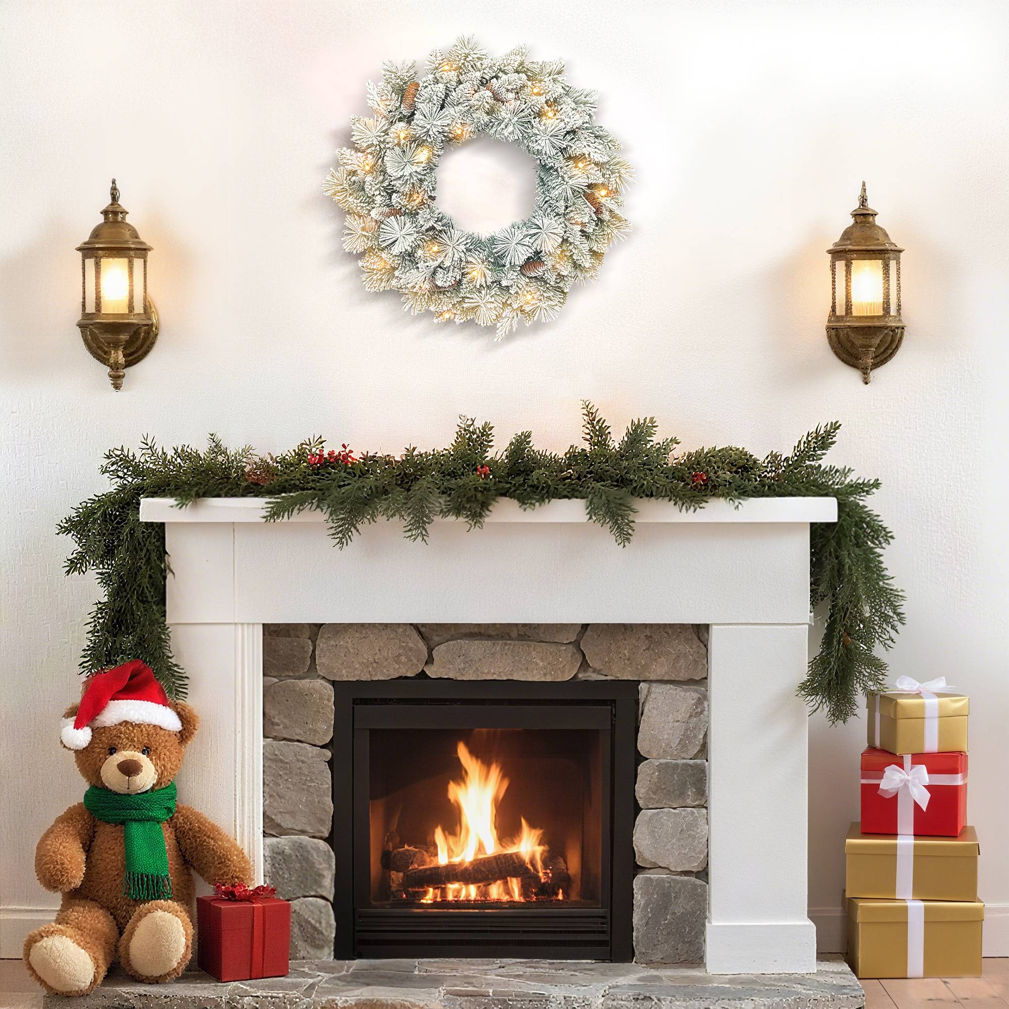 ComfortXL - Couronne de Noël lumineuse en plastique vert et blanc 60 cm effet neige avec 35 LED et minuterie pour l'intérieur - Image 8