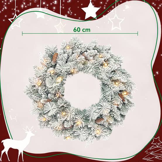 ComfortXL - Couronne de Noël lumineuse en plastique vert et blanc 60 cm effet neige avec 35 LED et minuterie pour l'intérieur - Image 3