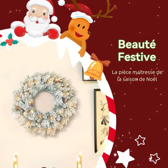 ComfortXL - Couronne de Noël lumineuse en plastique vert et blanc 60 cm effet neige avec 35 LED et minuterie pour l'intérieur - Image 4