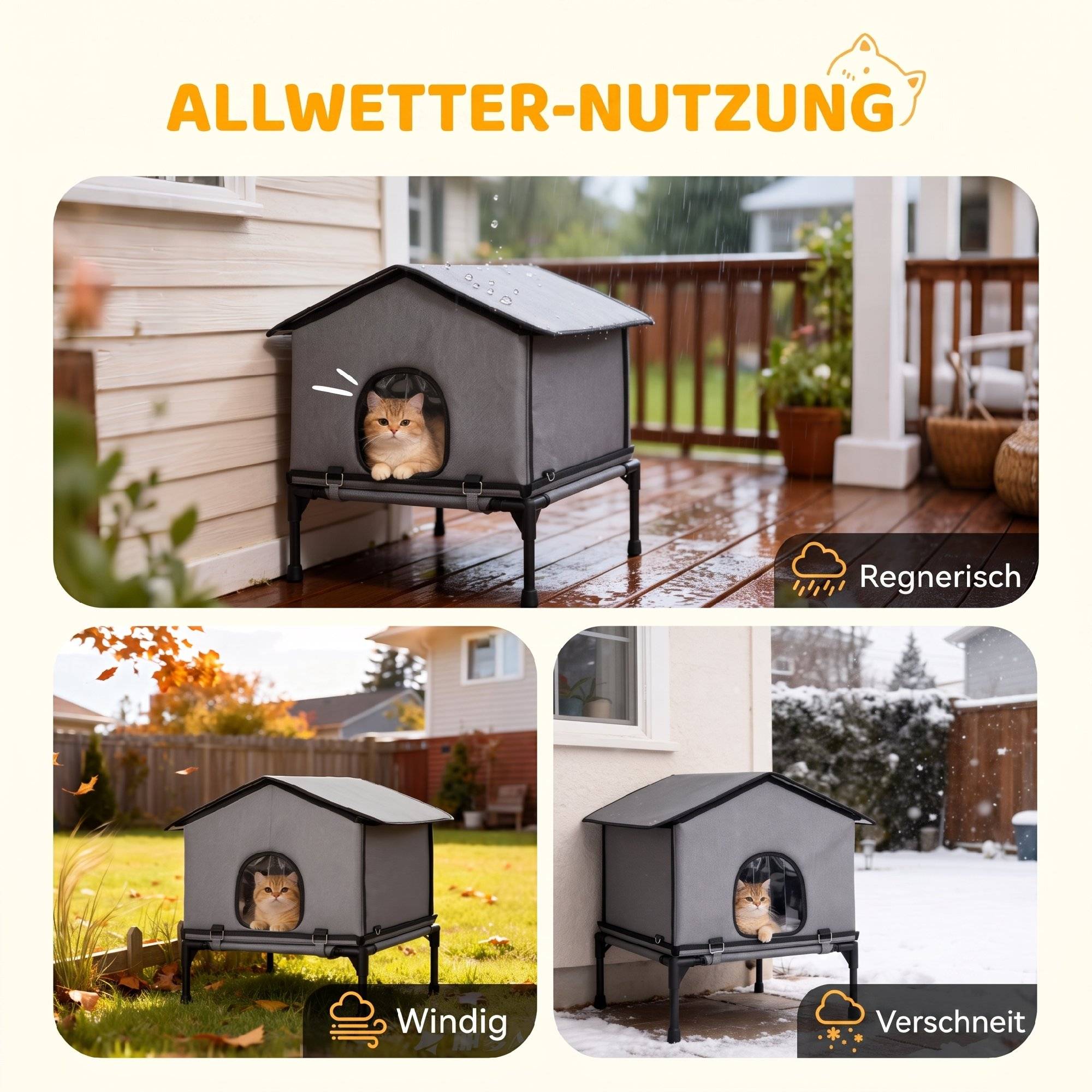 ComfortXL - Niche pour chat extérieure Oxford et plastique 62 x 58,5 x 60 cm grise surélevée déperlante avec coussin - Image 5