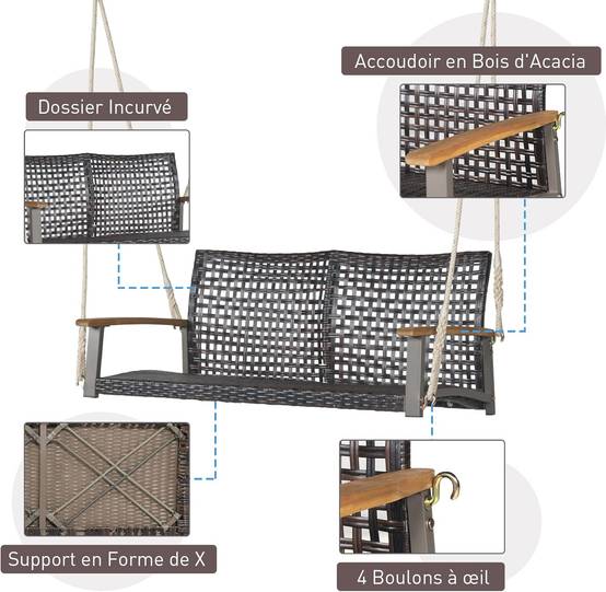 Balançoire à Suspendre en Plastique PE, Dossier Incurvé et Accoudoirs en Bois, Charge 360 kg - Image 3