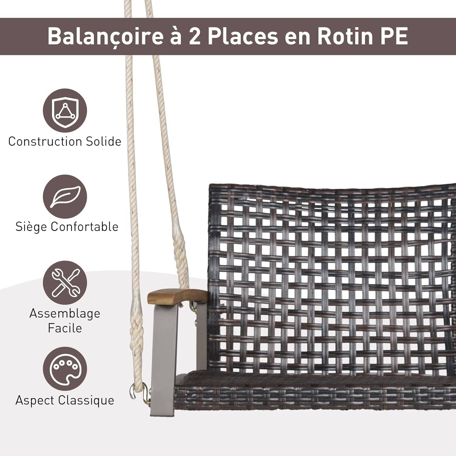 Balançoire à Suspendre en Plastique PE, Dossier Incurvé et Accoudoirs en Bois, Charge 360 kg - Image 1