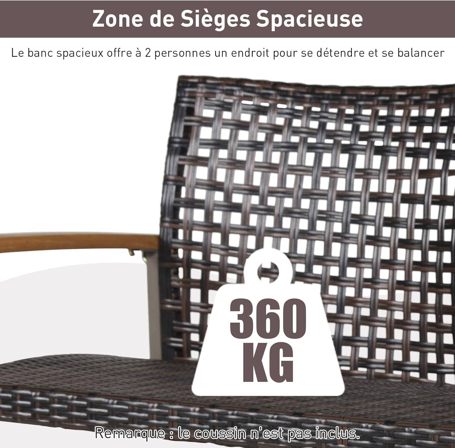 Balançoire à Suspendre en Plastique PE, Dossier Incurvé et Accoudoirs en Bois, Charge 360 kg - Image 2