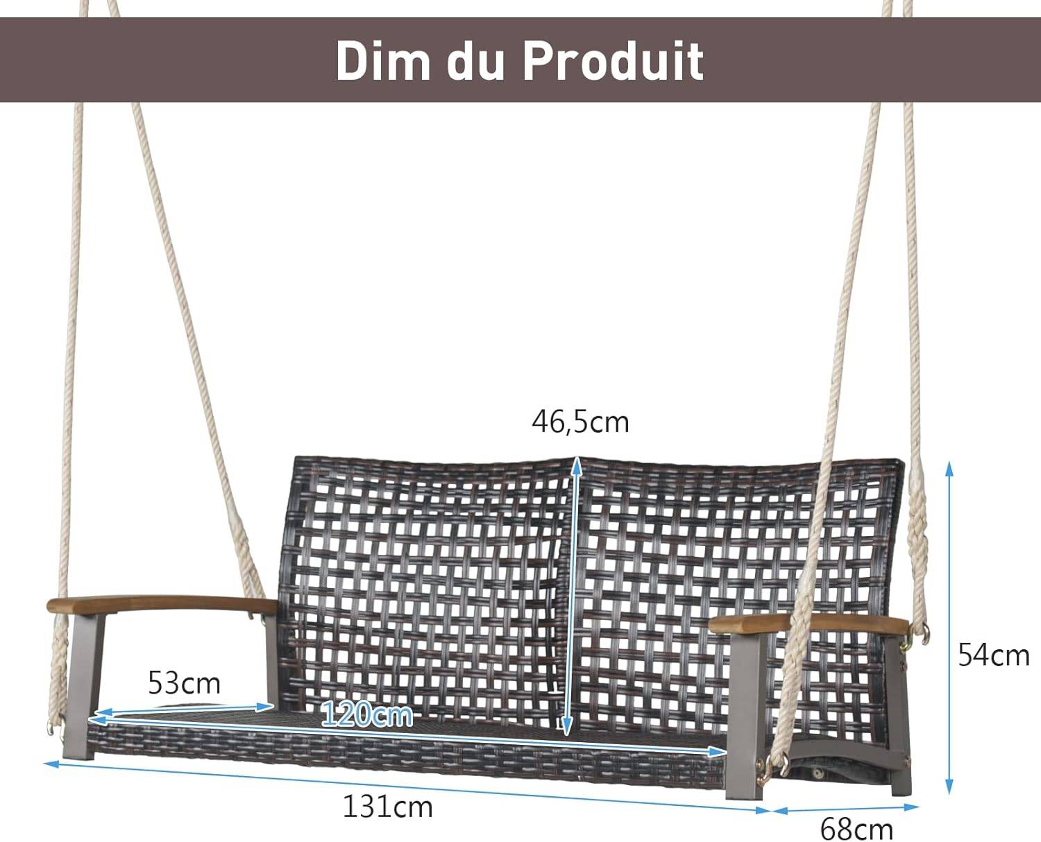 Balançoire à Suspendre en Plastique PE, Dossier Incurvé et Accoudoirs en Bois, Charge 360 kg - Image 4