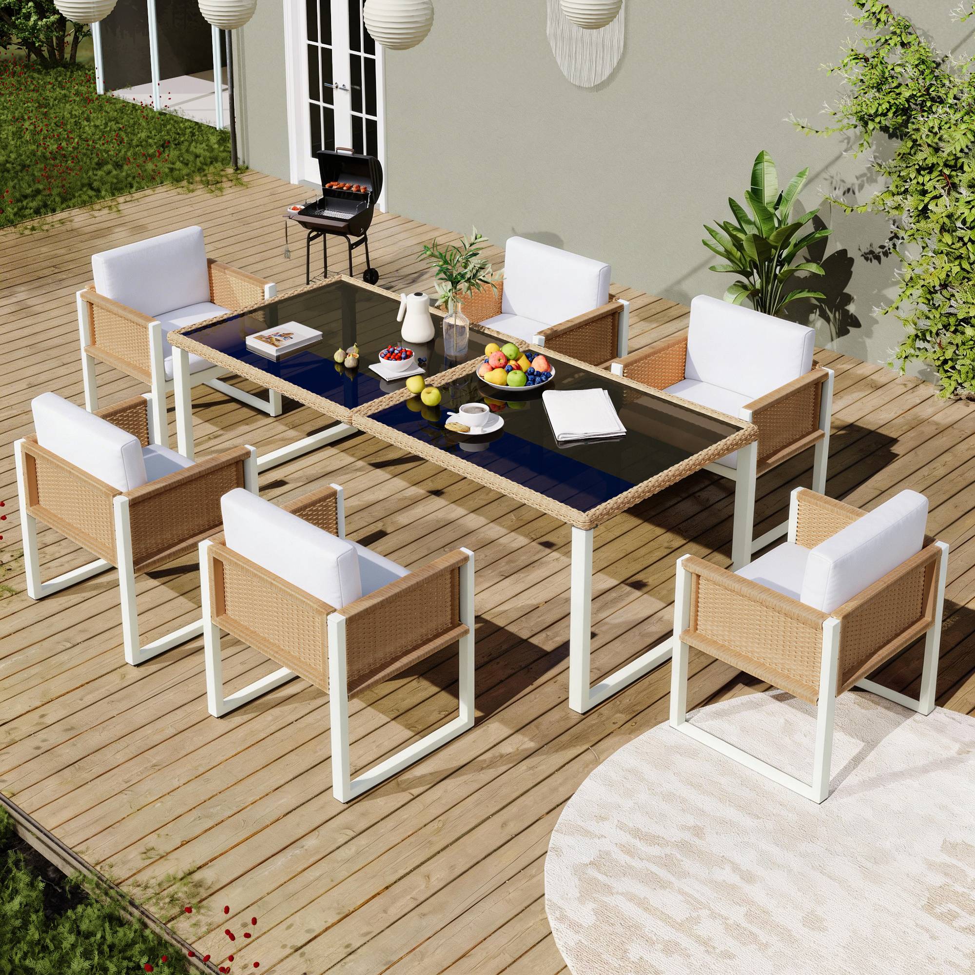 Set mobilier jardin 6 places avec table verre Acacia et Rattan - PANGIVO - Image 6