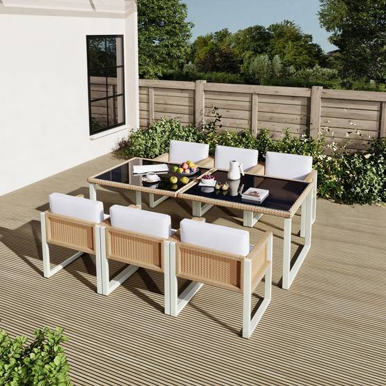 Set mobilier jardin 6 places avec table verre Acacia et Rattan - PANGIVO - Image 7