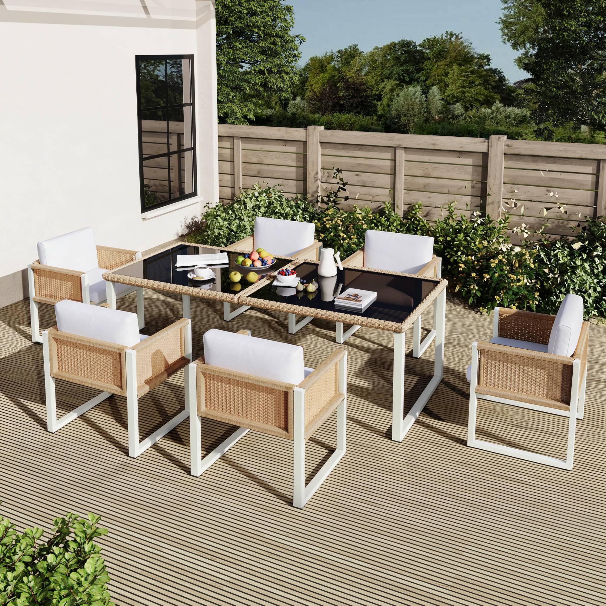Set mobilier jardin 6 places avec table verre Acacia et Rattan - PANGIVO - Image 8