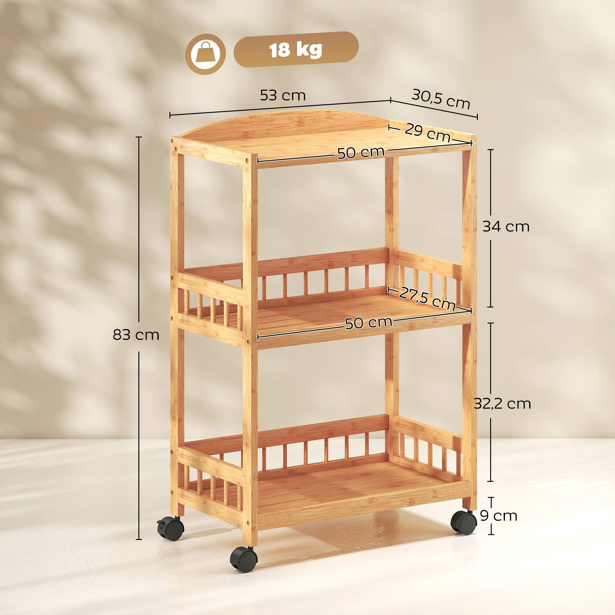 Chariot de cuisine à 3 niveaux, desserte à roulettes en bambou pour chambre, salon, bureau, 53x30,5x83cm, bois naturel - Image 5
