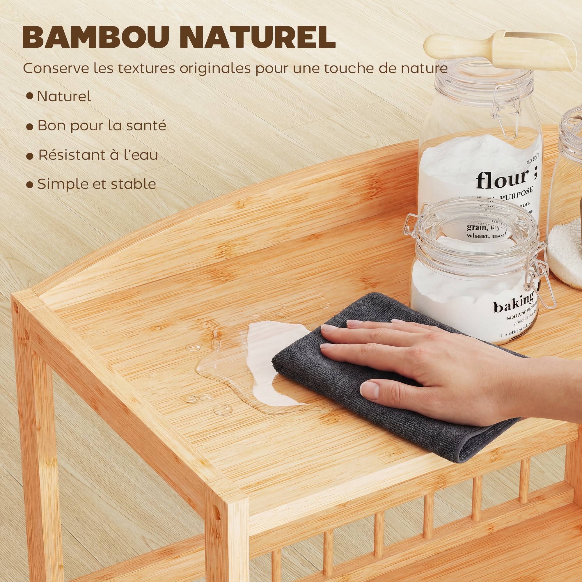 Chariot de cuisine à 3 niveaux, desserte à roulettes en bambou pour chambre, salon, bureau, 53x30,5x83cm, bois naturel - Image 8