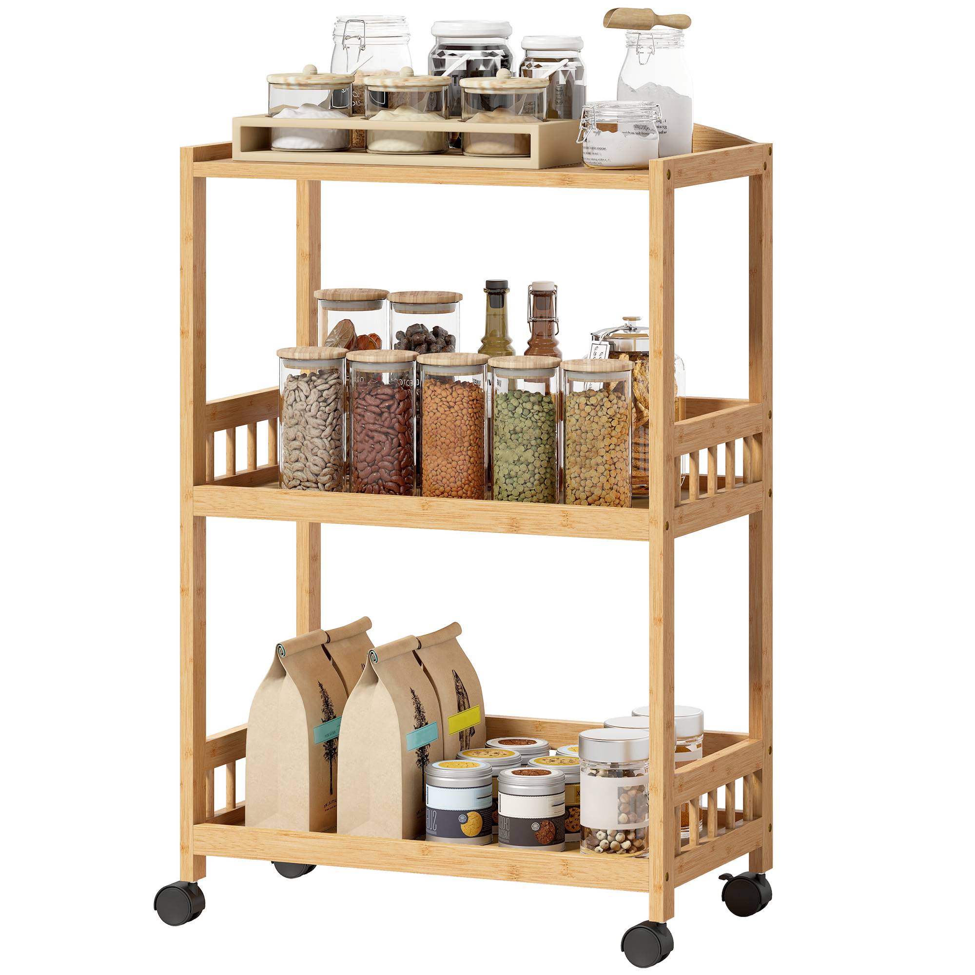 Chariot de cuisine à 3 niveaux, desserte à roulettes en bambou pour chambre, salon, bureau, 53x30,5x83cm, bois naturel - Image 2
